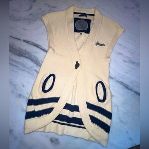 Pepe Jeans Cream Knit Sleeveless Cardigan with Navy Trim